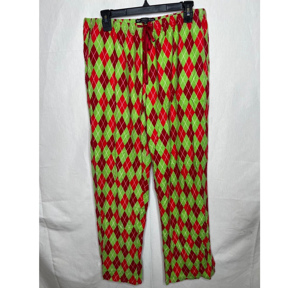 Alexander Del Rossa Mens XL Pajama Pants Red Green Argyle Holiday‎ Sleepwear